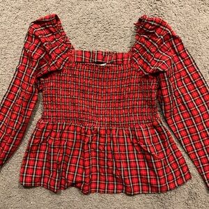 Old Navy Red Plaid Smocked Bodice Peplum Baby Doll Top Shirt Blouse Whimsigoth L